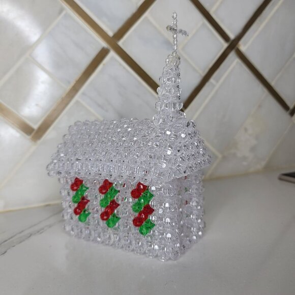 Handcrafted Beaded Church With Cross Clear Red & Green Beads sparkle table decor - Picture 7 of 9